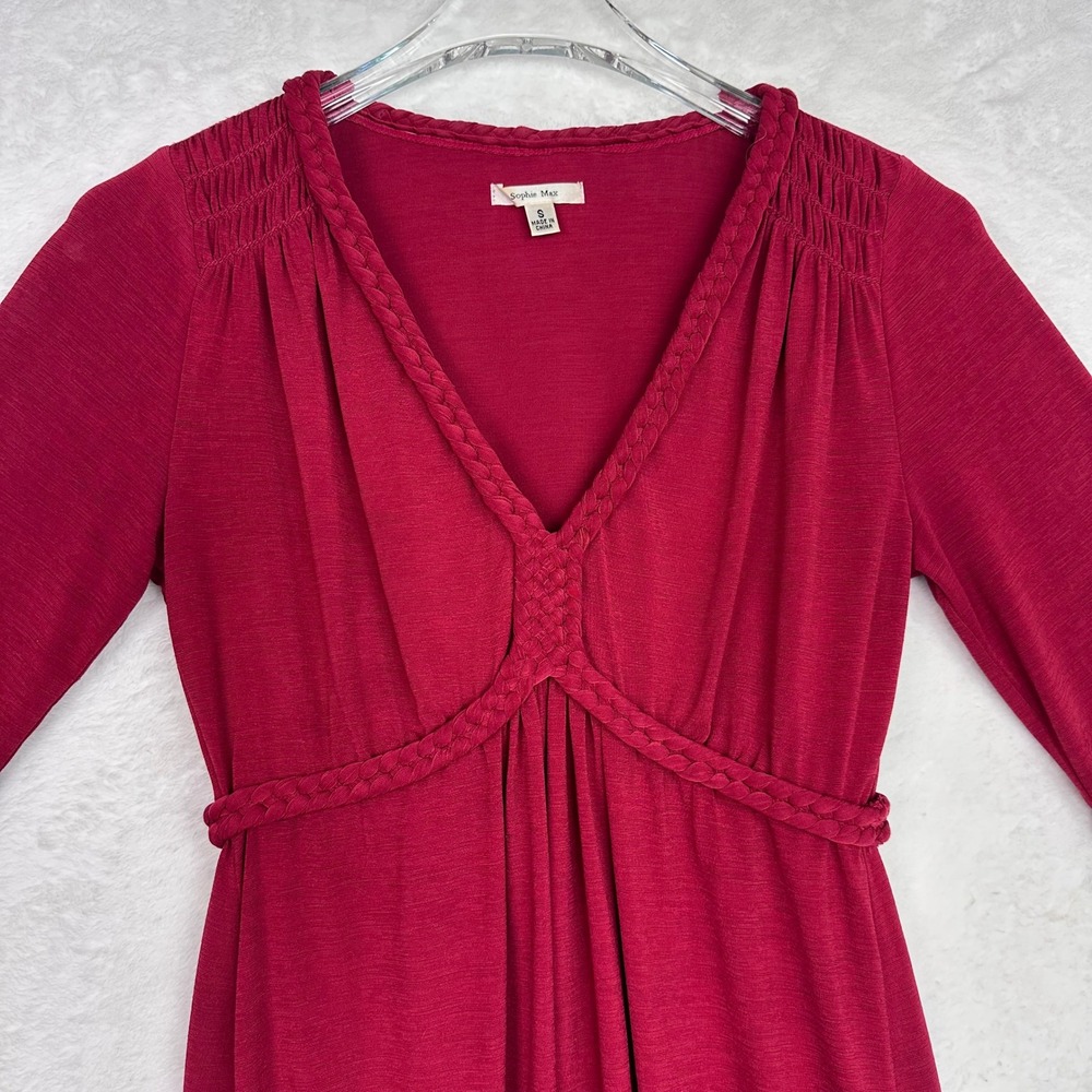 Sophie Max Women Red Braided V-Neck Empire Waist Long Sleeve Tunic Top Small - Picture 2 of 11